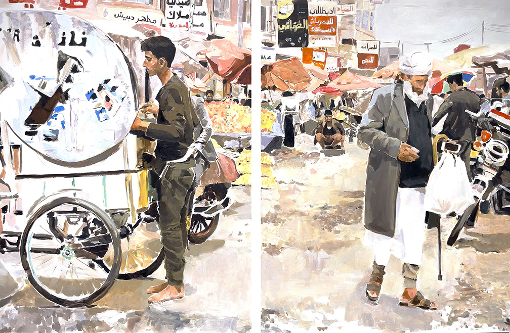 Two Panel Painting depicting a young man and an old man shopping in a middle eastern outdoor market. 