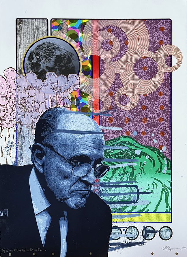 Screen print featuring rudy guliani with vibrantly colored patterns