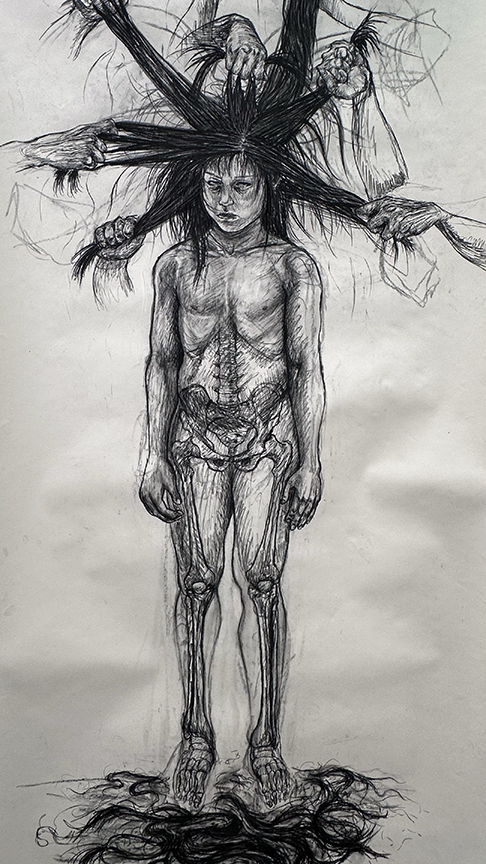 Charcoal drawing of nude figure with ling hair that is being pulled in many directions