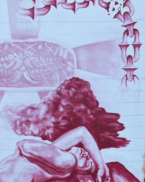 red painting of a woman and cloud with a chain and mexican diety in background