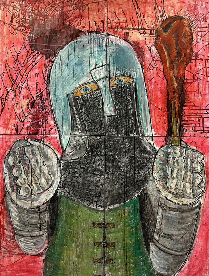 Quadriptych canvas featuring a drawing of a knight wearing green with a red background drawing across all four panels. 