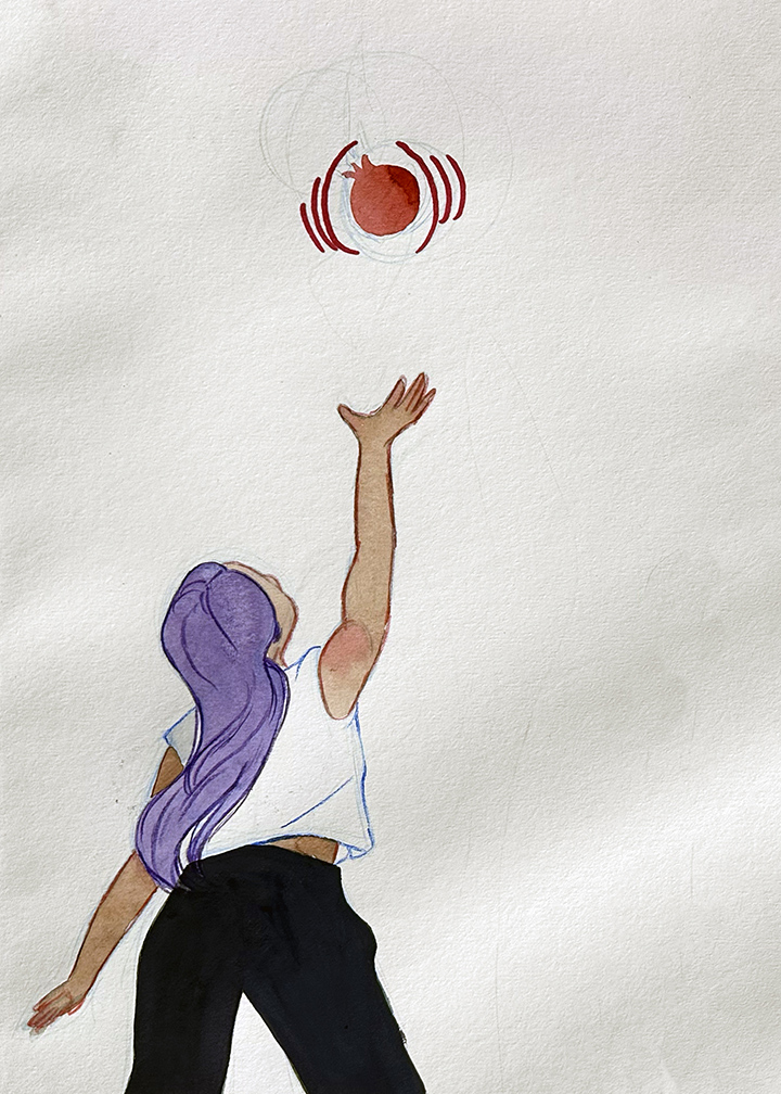 illustrtive painting of a dancer with purple hair reaching up towards a red ball