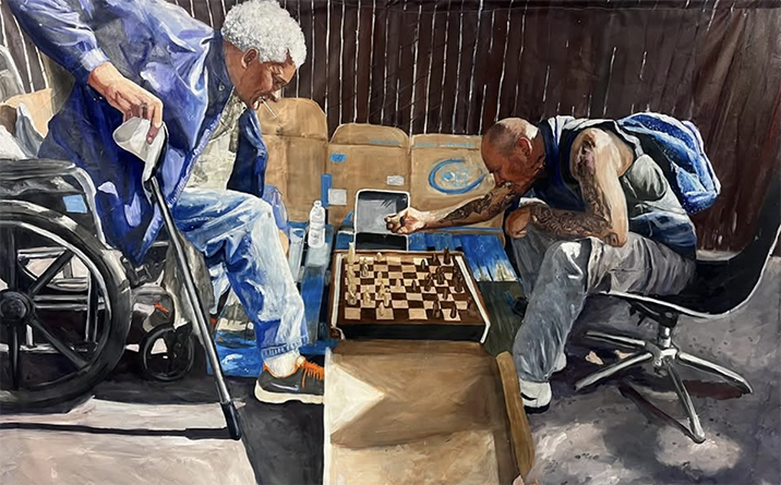 Painting of two unhoused men playing chess