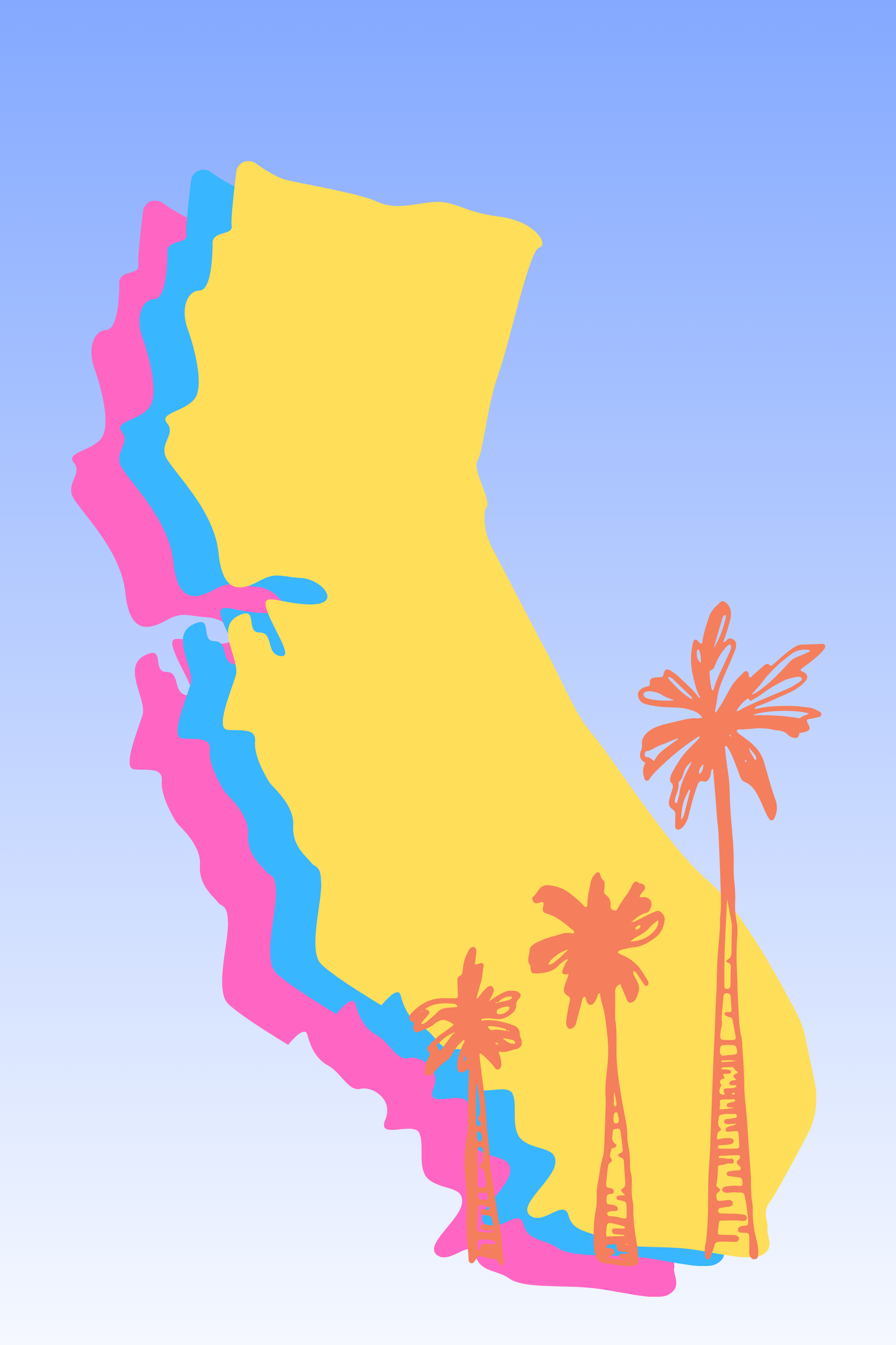 yellow outline of state of Califorina on a blue background with orage palm trees in front.