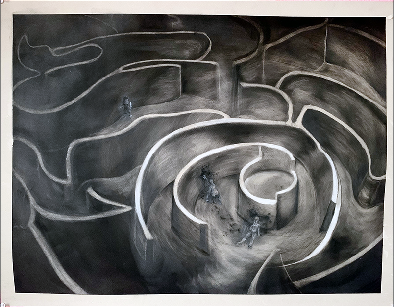 Black and white charcoal drawing of a maze with figures in the maze