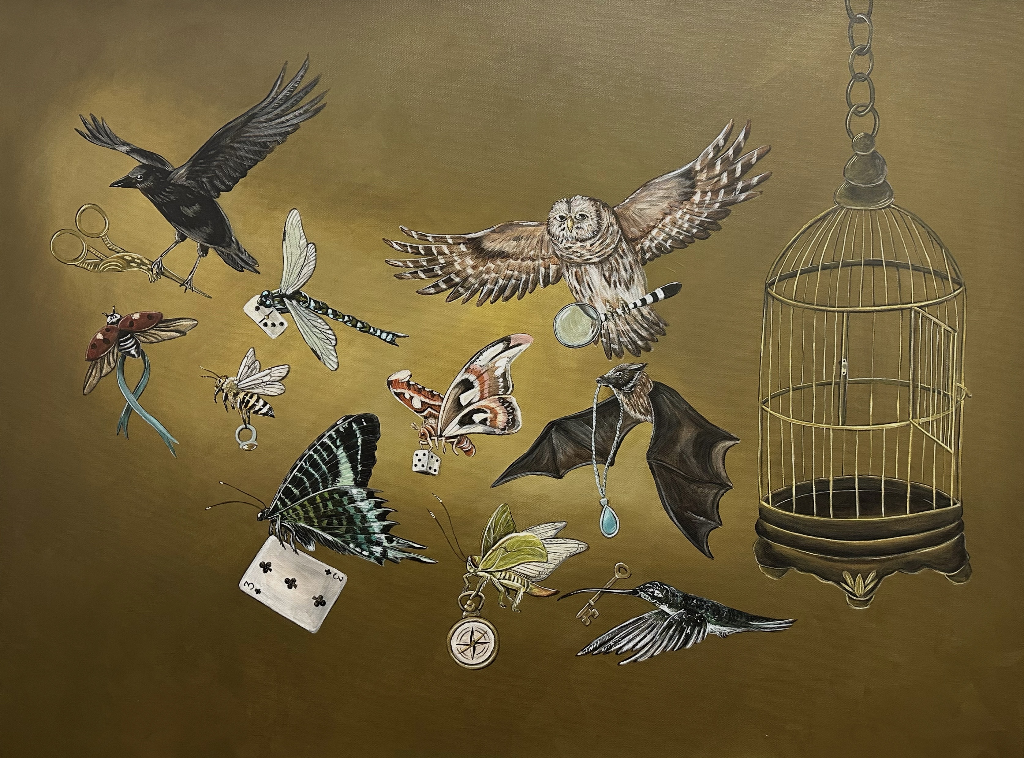 Acrylic painting of various flying animals coming out of a cage and carrying keys