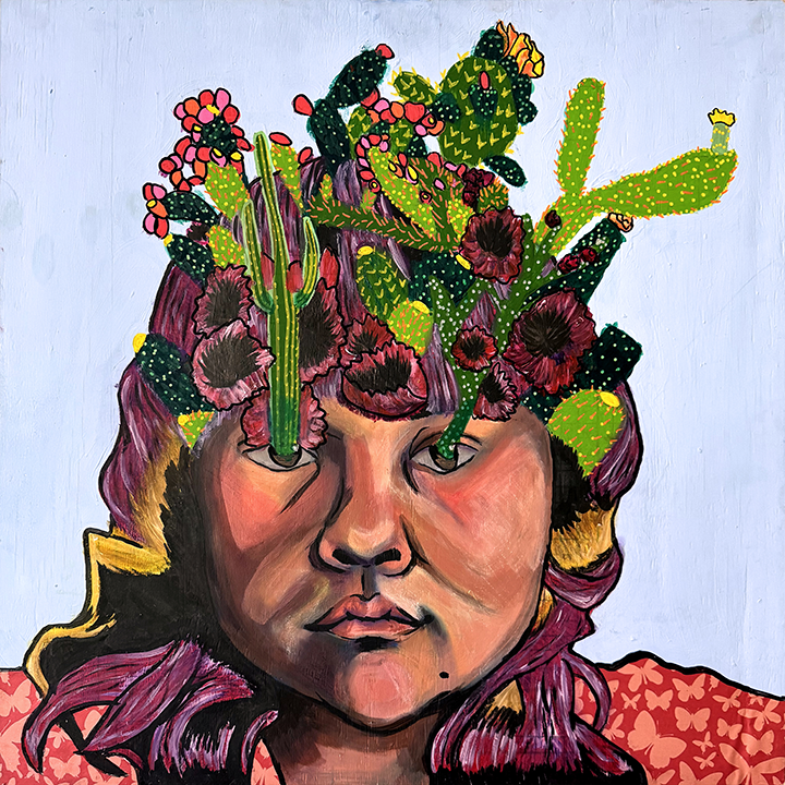 Portriat painting of a young hispanic woman with cacti growing our of her head