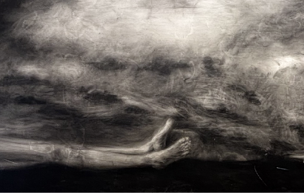 Black and white drawing of legs and feet laying on the ground with a misty background