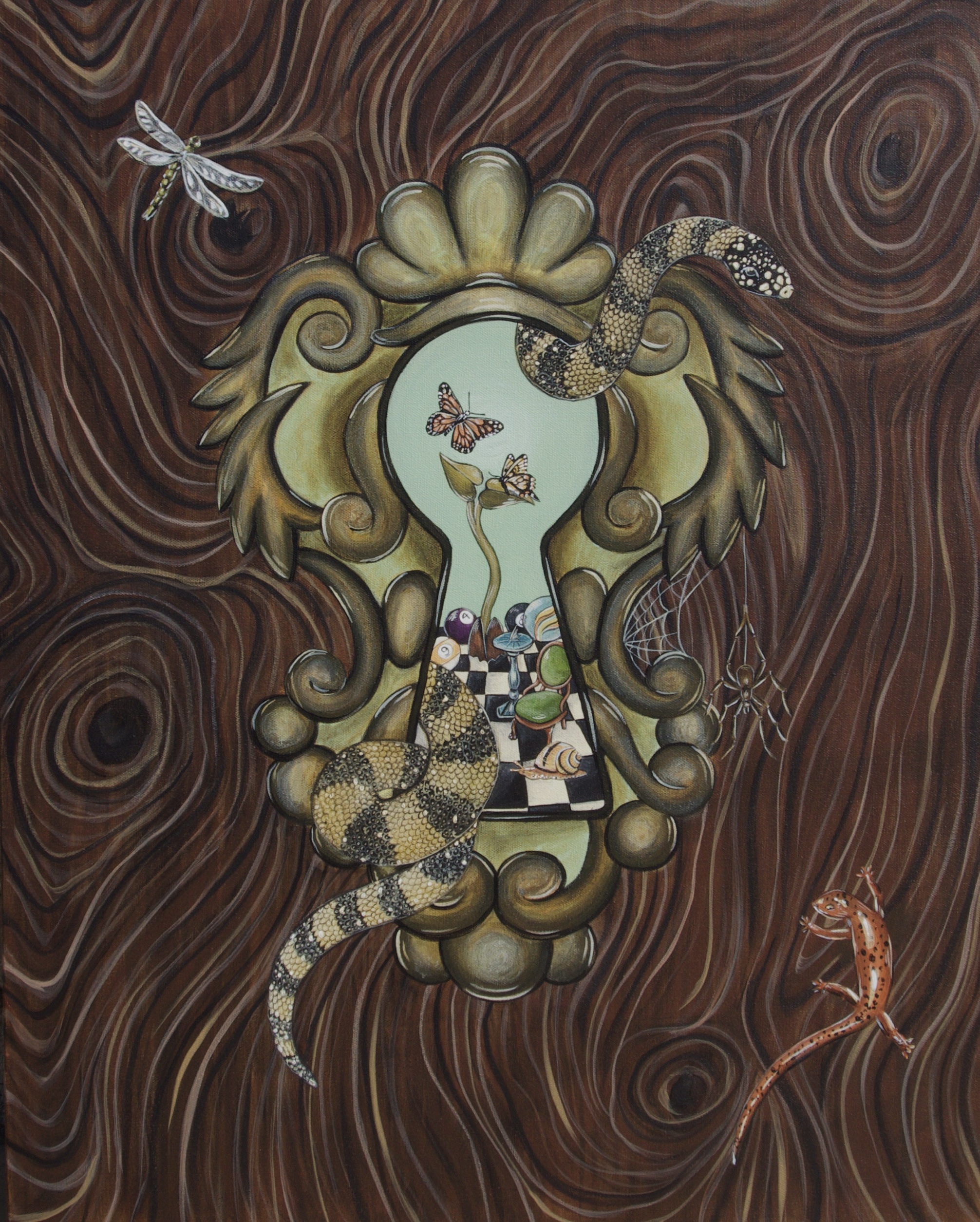 Painting featuring a key hole that has animals crawling out and a checkered board on the other side. 