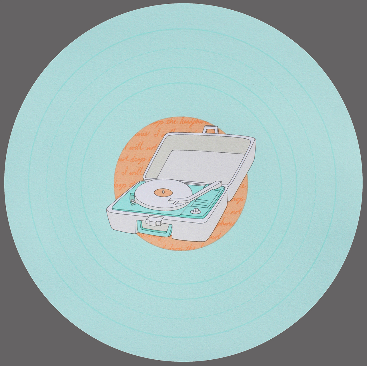screen print of a turquoise vinyl record with a small record player in the center of the record