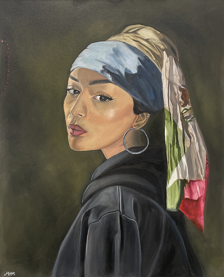 oilk painting of a hispanic woman with a hoop earring made to look like the painting "Girl With a Pearl Earring"