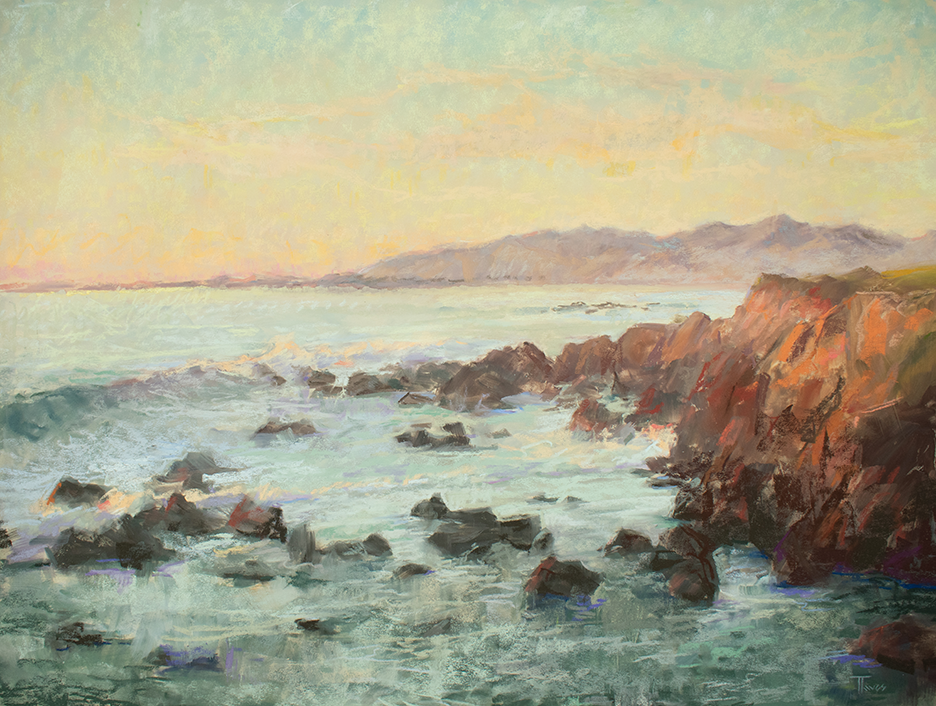 Ocean shore at sunset with waves crashing upon reddish-brown rocks