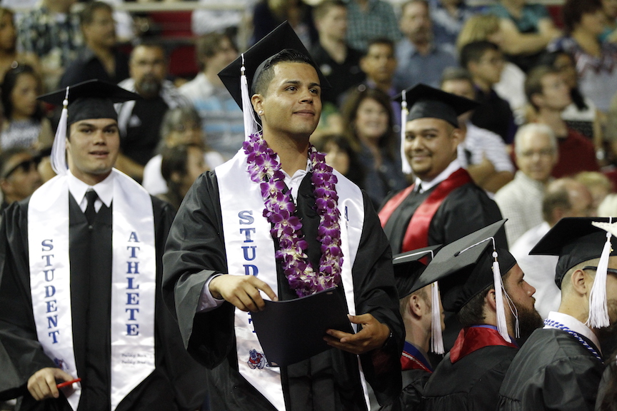 Students from the Arts and Humanities smile at the 2016 Convocation