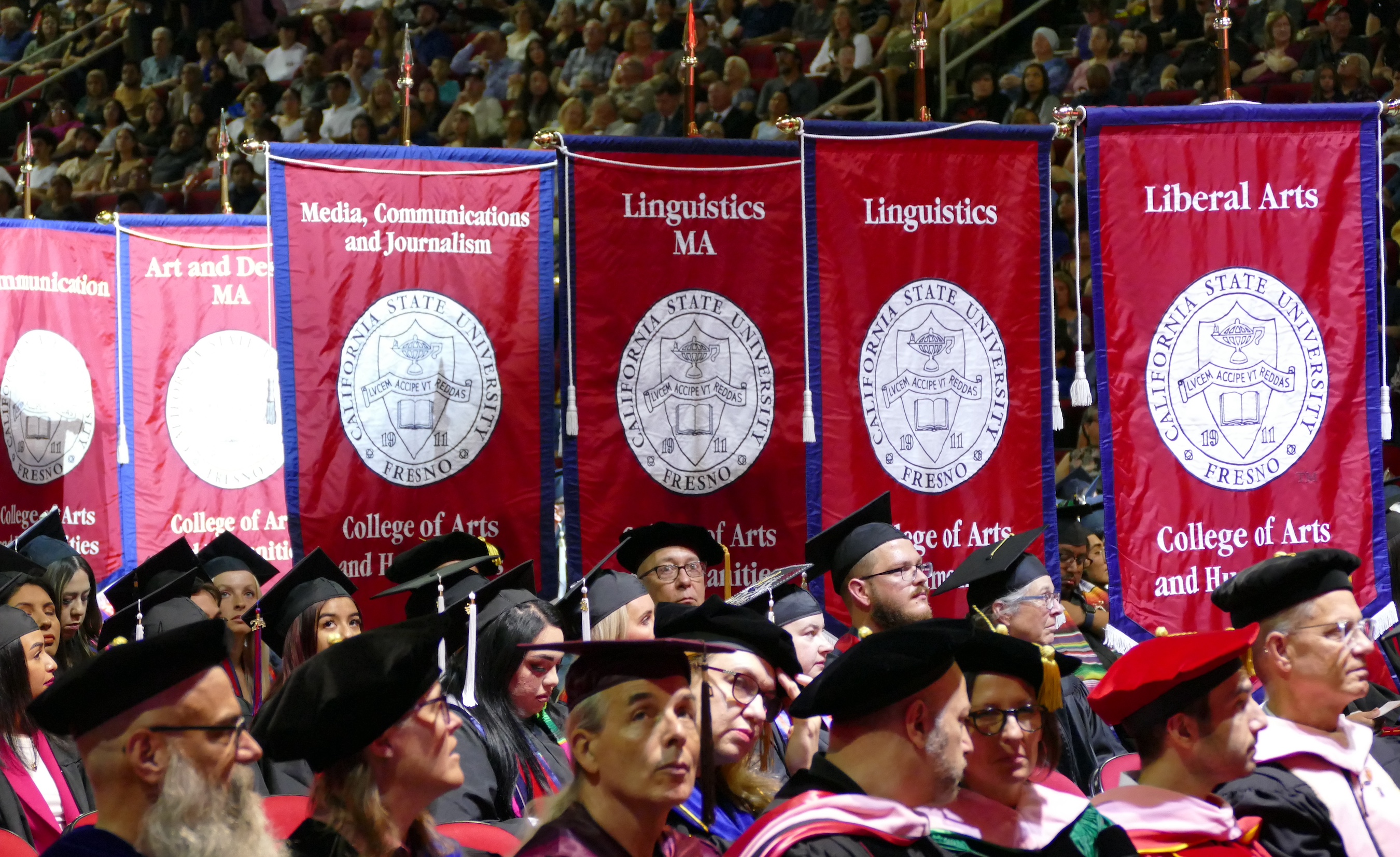 Faculty in regalia at graduation with red and blue department standards in the background.