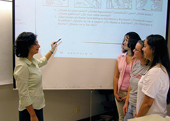 MCLL professor instructs students while pointing to a white board projection.