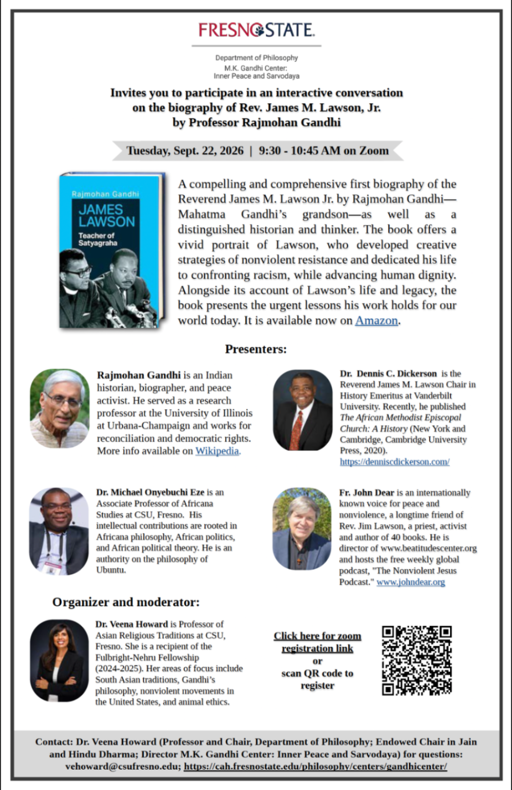Invites you to participate in an interactive conversation on the biography of Rev. James M. Lawson, Jr. by Professor Rajmohan Gandhi Tuesday, Sept. 22, 2026 | 9:30 - 10:45 AM on Zoom