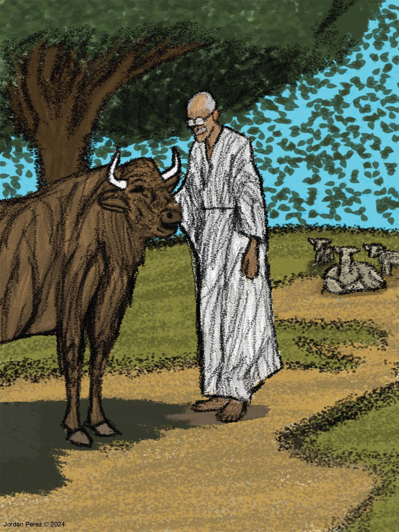 Student Jordan Perez art of Gandhi in field with bull