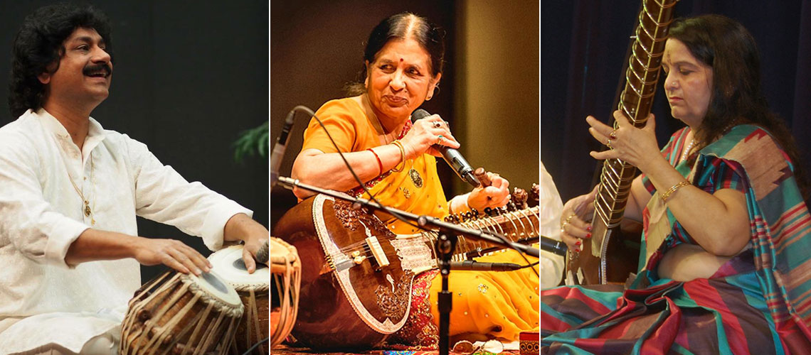 Pandit Gourisankar Karmakar plays the Tabla, Veena Chandra speaks into a microphone with a sitar on her lap, and Dr. Lovely Sharma plays a sitar. 