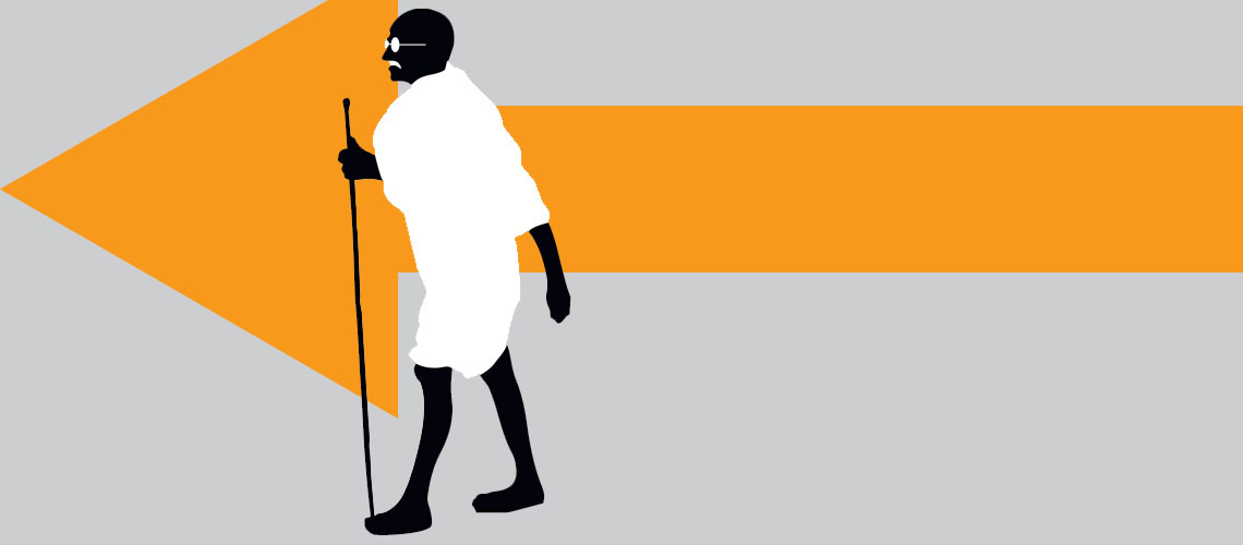 Outline of Gandhi walking in front of an orange arrow.