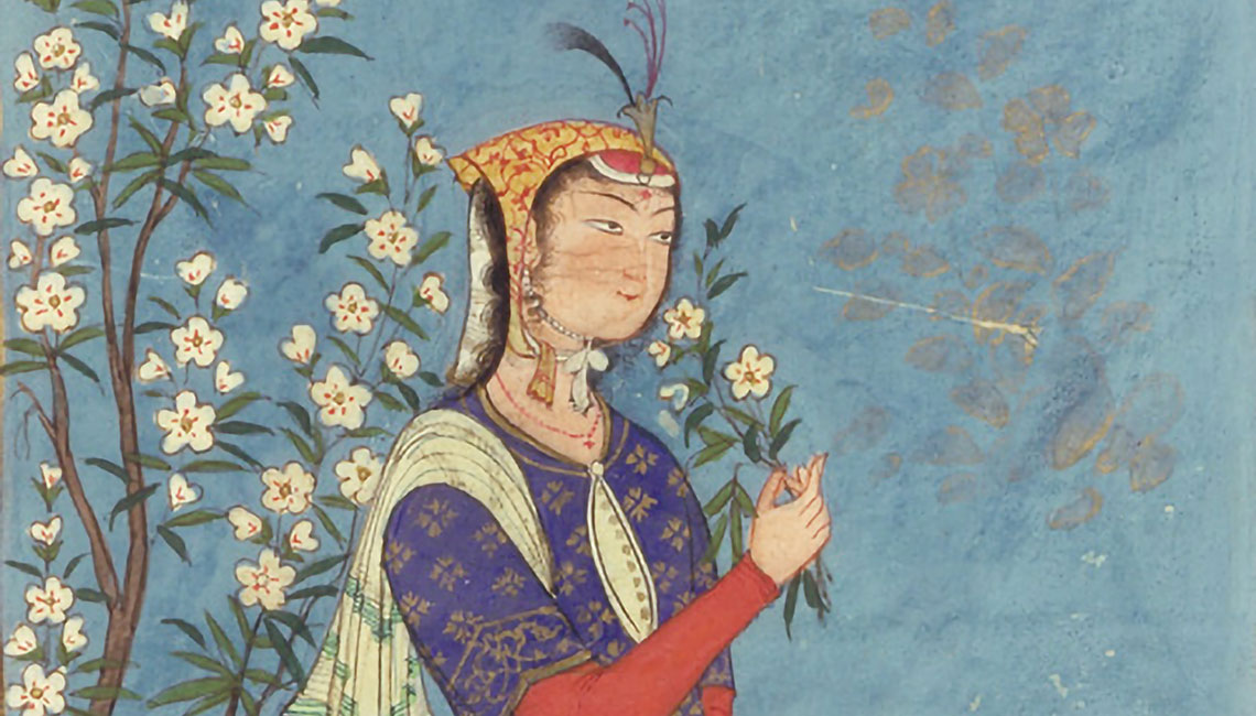 Woman With a Spray of Flowers, Safavid Iran, 1575 AD, housed in the Freer Gallery of Art, Smithsonian, Washington D.C. Opaque watercolor and gold on paper; H: 30.90 cm, W: 20.30 cm.
