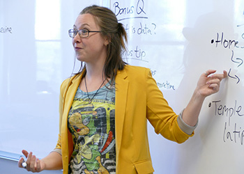 Professor Aldea Mulhern in a yellow blazer and bright shirt with a cartoon character points at a white board while addressing the class which is not seen in the photo.