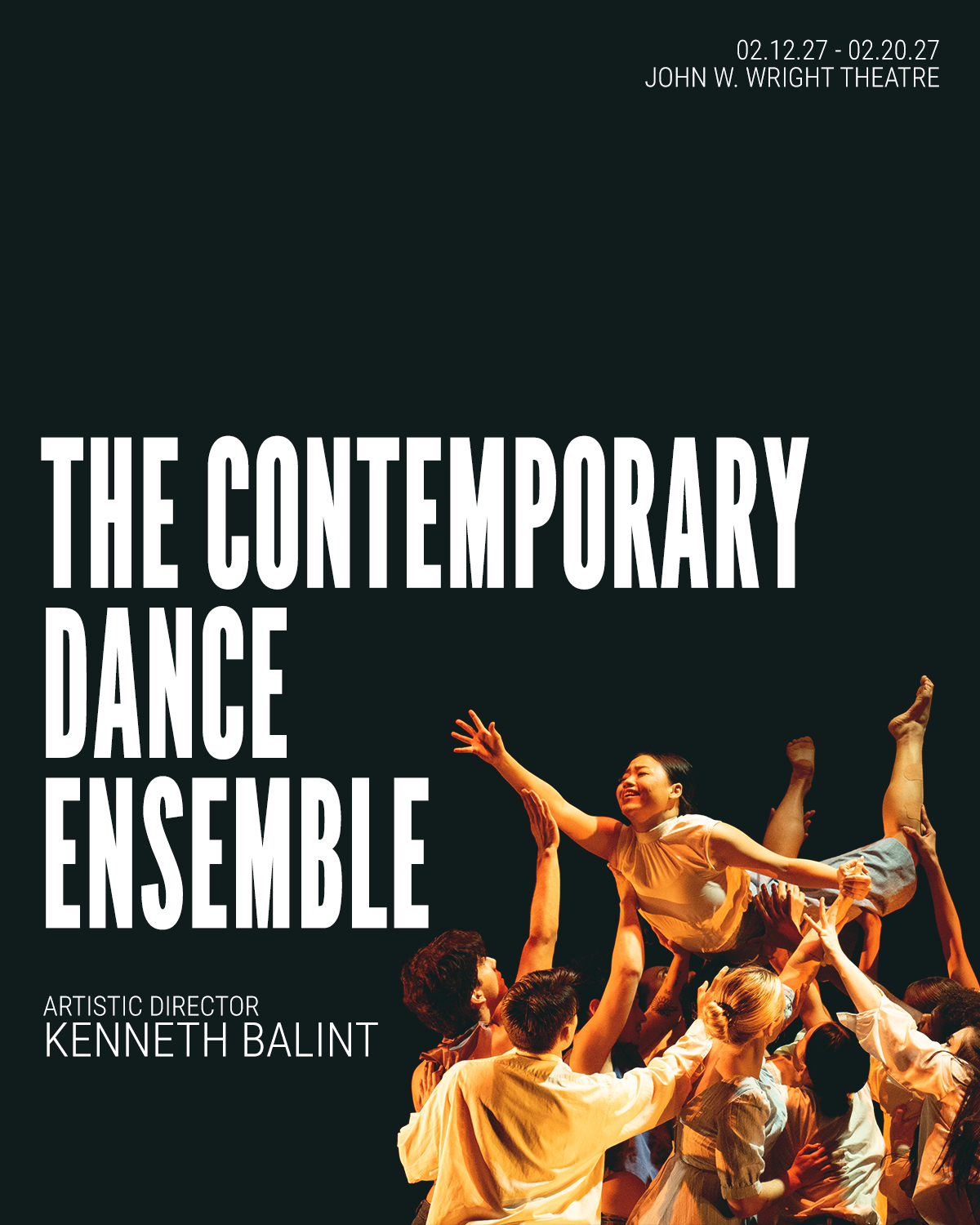 black background with a group of dancers lifting up a female dancer reaching out