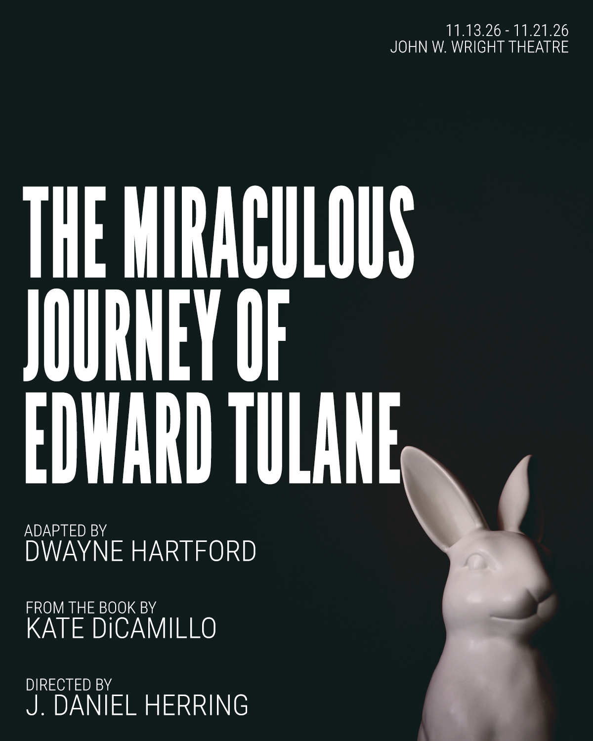 black background with china rabbit, text reads "The Miraculous Journey of Edward Tulane"